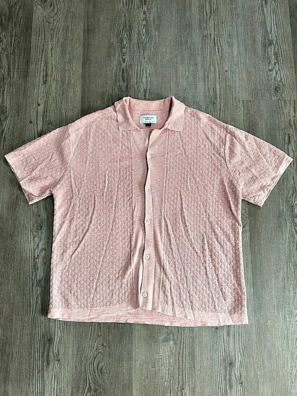 American Eagle AE Weekend Textured Button-Up Sweater Polo Shirt Pink Medium